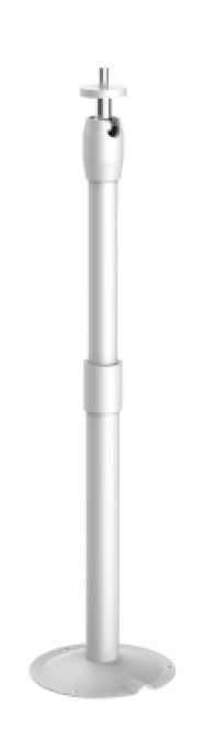 Ein weißer verstellbarer Standfuß mit einer runden Basis und einem Montagekopf an der Spitze, geeignet für die Befestigung von technischen Geräten.