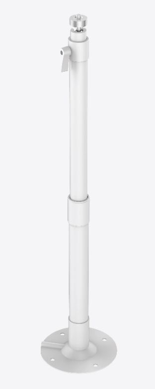 Ein weißer, zylindrischer Deckenhalter mit einer Einstellschraube an der Seite und einer runden Basisplatte mit Bohrlöchern zur Montage.