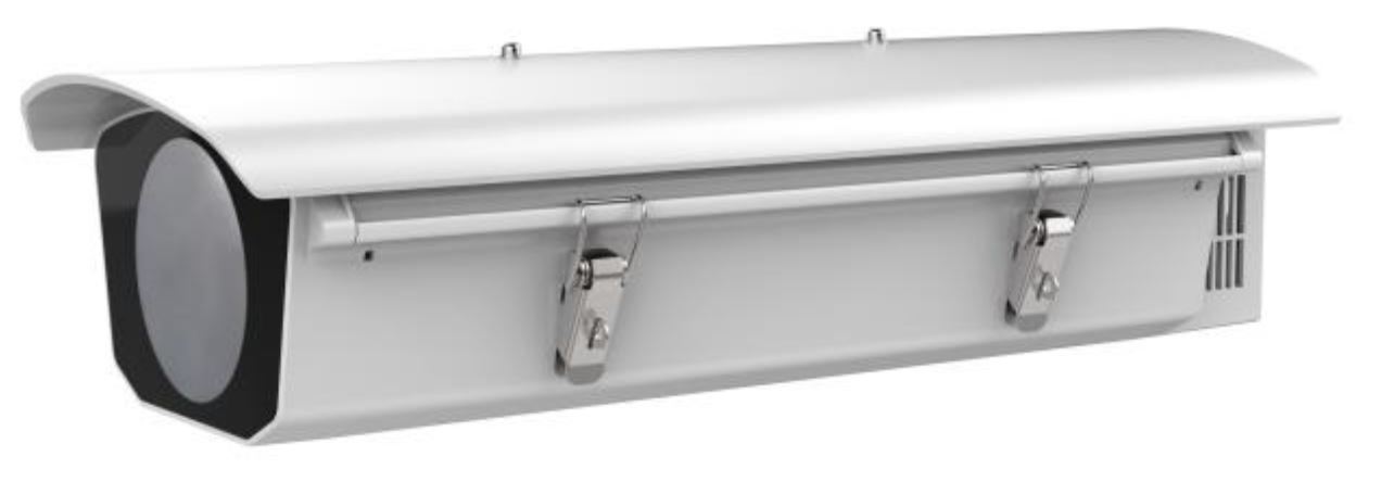 Eine weiße Überwachungskamera mit rechteckigem Gehäuse und abgerundetem Dach, ausgestattet mit zwei Metallschnallen an der Vorderseite.