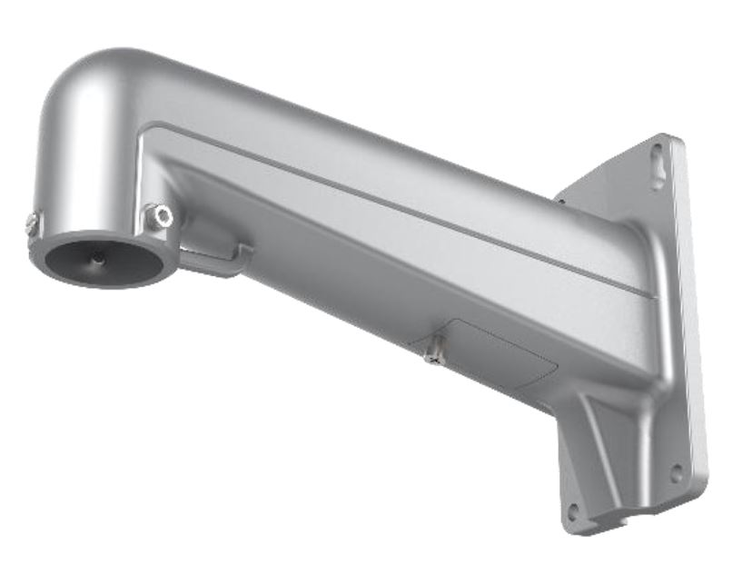 Eine silberne Wandhalterung mit einem rechteckigen Flansch an der Basis und einem abgerundeten Ende.
