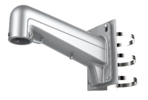 Silberne Wandhalterung aus Metall mit abgerundetem Design und Befestigungsringen an der Seite.