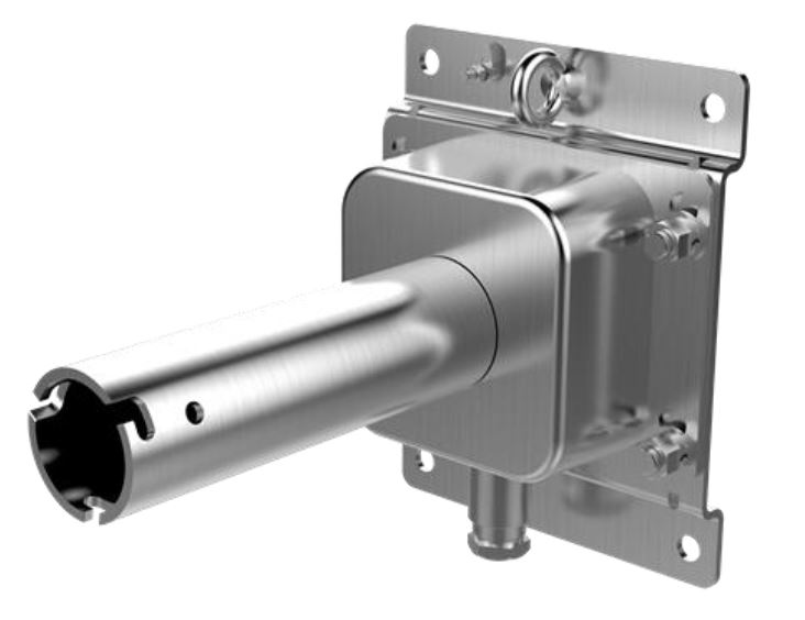 Metallische Wandhalterung mit einem zylindrischen Rohr und runder Befestigungsplatte, die Schraublöcher aufweist.