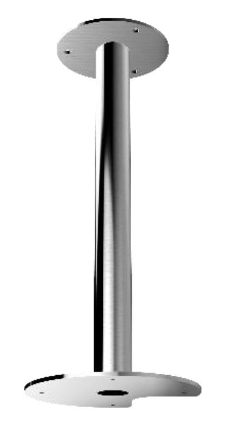 Metallischer Deckenhalter mit einem senkrechten zylindrischen Rohr und runden Montageplatten oben und unten, mit mehreren Bohrungen zur Befestigung.