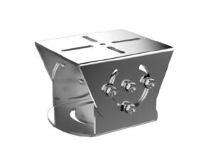 Metallhalterung mit mehreren Schrauben und geschlitzt, möglicherweise für strukturelle oder mechanische Anwendungen.