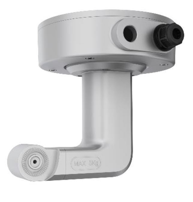 Eine weiße, L-förmige Montagehalterung mit einer oberen runden Basis und einem seitlichen Anschluss. Auf der Halterung steht "MAX 5KG".