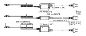 Technische Zeichnung eines Netzadapters mit detaillierten Maßen, einschließlich der Länge und Breite von Kabeln und Steckern in Millimetern und Zollangaben.