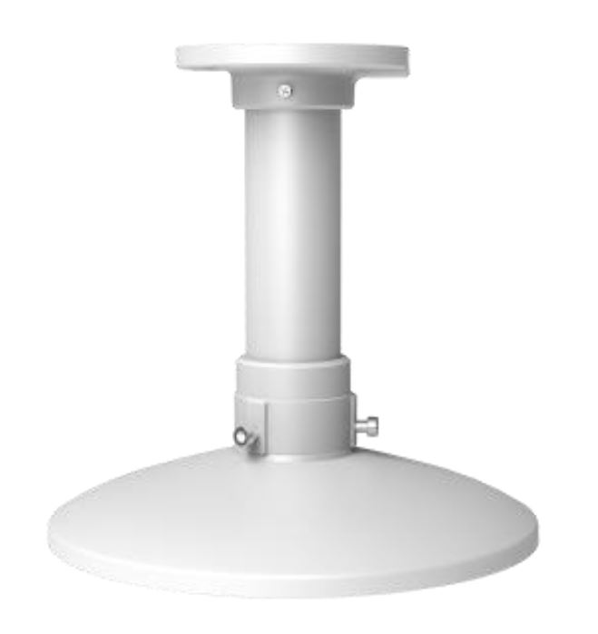 Eine weiße Deckenhalterung mit einem zylindrischen Mittelteil und einer breiten runden Basis, wahrscheinlich für die Befestigung von Kameras oder anderen Geräten.