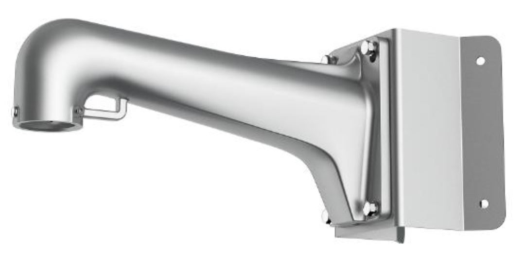 Eine silberne, metallische Wandhalterung mit einer gebogenen Armform, die an einer rechteckigen Montageplatte befestigt ist.