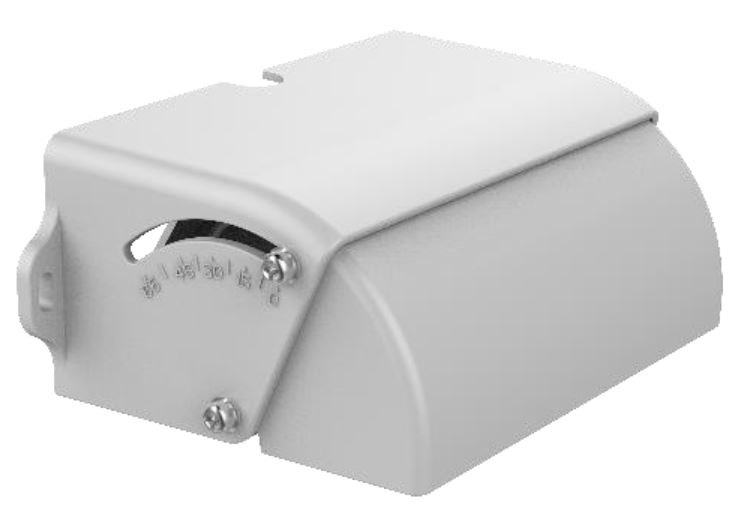 Ein graues mechanisches Gerät mit einem gebogenen Gehäuse, an dem ein Stellwinkel oder eine Skala mit Schrauben befestigt ist.