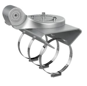 Ein silbernes Metallgerät mit drei Spannbändern und einem zylinderförmigen Gehäuse, vermutlich ein Halte- oder Befestigungselement.