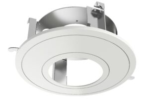 Ein silbernes, rundes Metall-Element mit einem kreisförmigen Ausschnitt in der Mitte und Halterungen an den Seiten.