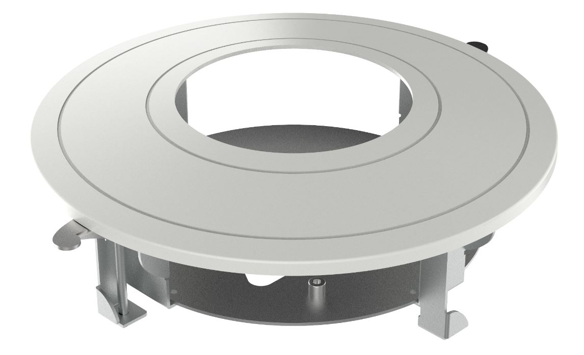 Rundes silbernes Bauteil mit einem großen Loch in der Mitte, umgeben von einem metallischen Ring, das auf einem Gestell montiert ist.