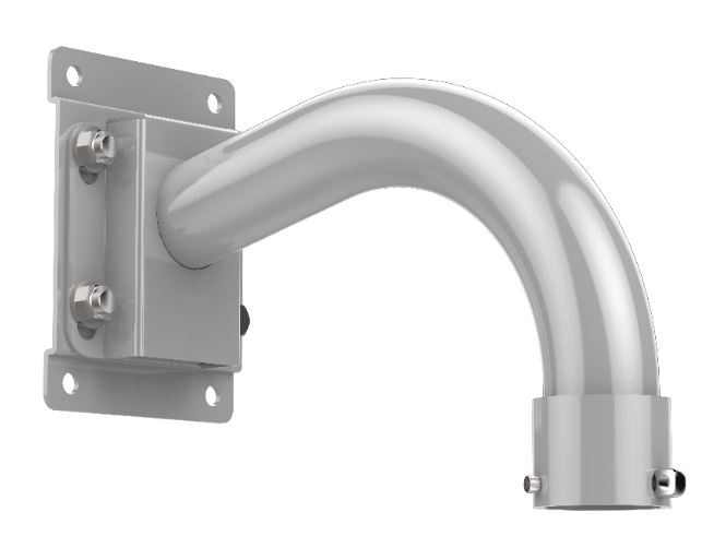 S-förmige Metallhalterung mit Flansch zur Wandmontage und rundem Rohrende.