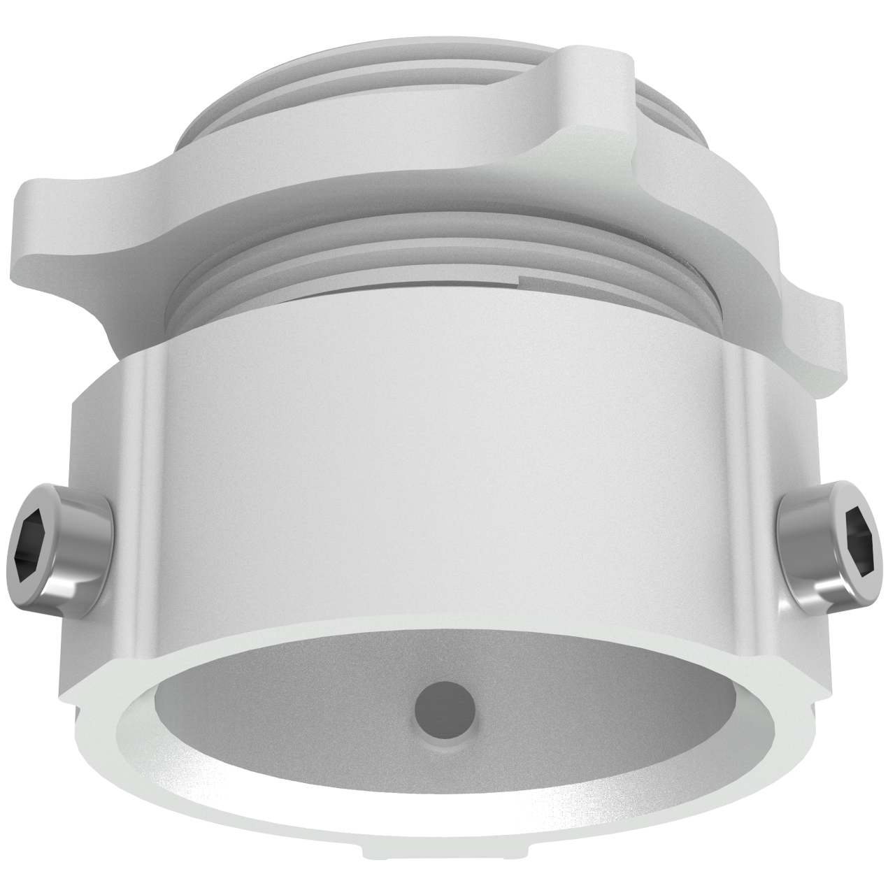 Ein zylindrisches Metallteil mit Schraubgewinde und seitlichen Schrauben, vermutlich ein Bestandteil eines mechanischen Geräts oder einer Rohrverbindung.