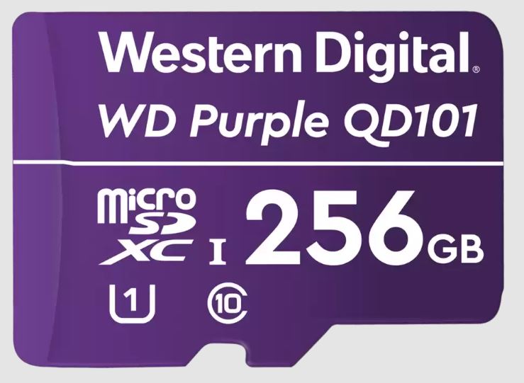 Lila MicroSDXC-Karte von Western Digital mit der Aufschrift "WD Purple QD101" und einer Kapazität von 256 GB.