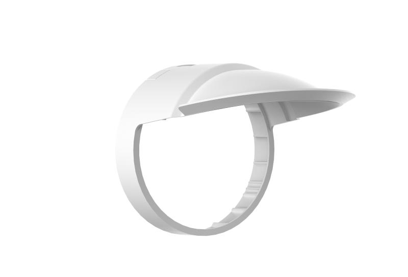 Ein weißes, geschwungenes Kunststoffteil mit einem überstehenden Rand, möglicherweise Teil eines Geräts oder Gehäuses, vor einem weißen Hintergrund.