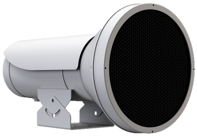 Ein zylindrisches Lärmdämpfungsgerät mit einer runden, wabenartigen Öffnung auf der Vorderseite, befestigt an einer montageähnlichen Halterung.