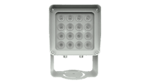 Ein rechteckiger LED-Strahler mit 16 runden Linsen gleichmäßig in einem 4x4-Raster angeordnet, montiert auf einem einstellbaren Halterungsfuß.