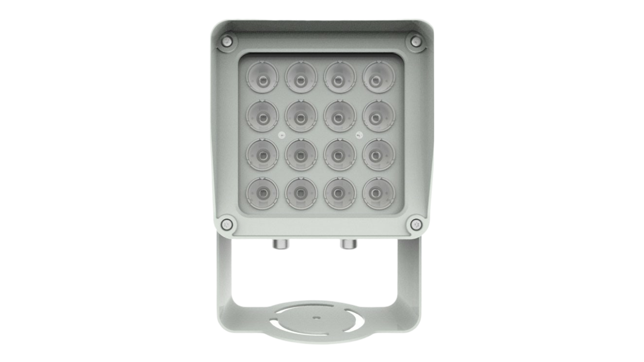 Rechteckiger LED-Fluter mit 16 runden Linsen in einem grauen Gehäuse, befestigt an einem Halterungsarm.