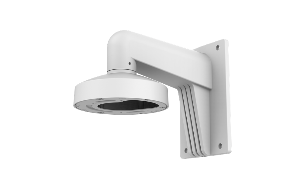 Weiße Wandhalterung für eine Kamera oder ein Gerät, mit einem abgewinkelten Arm, der zu einer runden Basis führt, geeignet für die Montage an einer flachen Oberfläche.