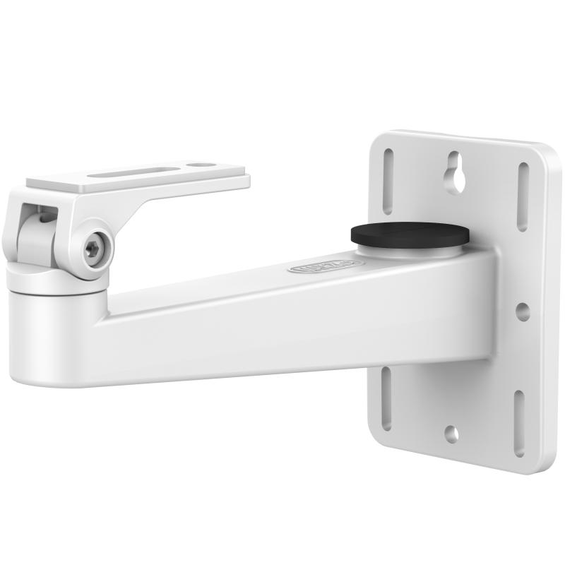 Weiße Wandhalterung mit verstellbarem Arm und rechteckiger Basis, geeignet zur Befestigung an einer Wand.