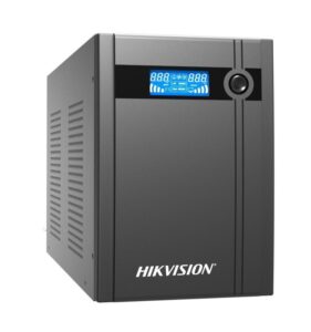 Schwarze, rechteckige Hikvision-UPS mit einem blauen digitalen Display an der Vorderseite.