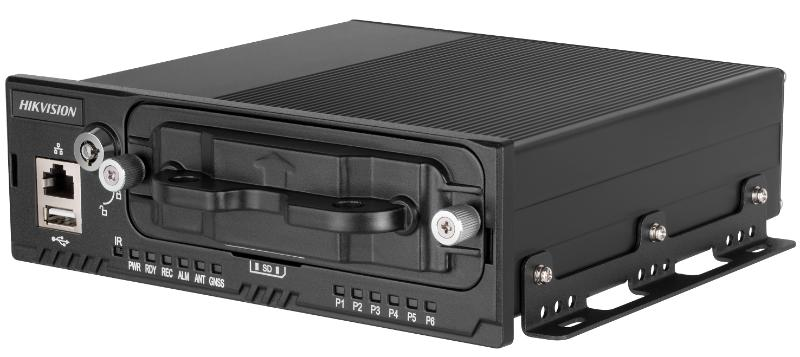 Ein schwarzer Hikvision-Videorecorder mit einem Ethernet-Anschluss und USB-Schnittstellen auf der Vorderseite, sowie einem verriegelbaren Einschubfach.