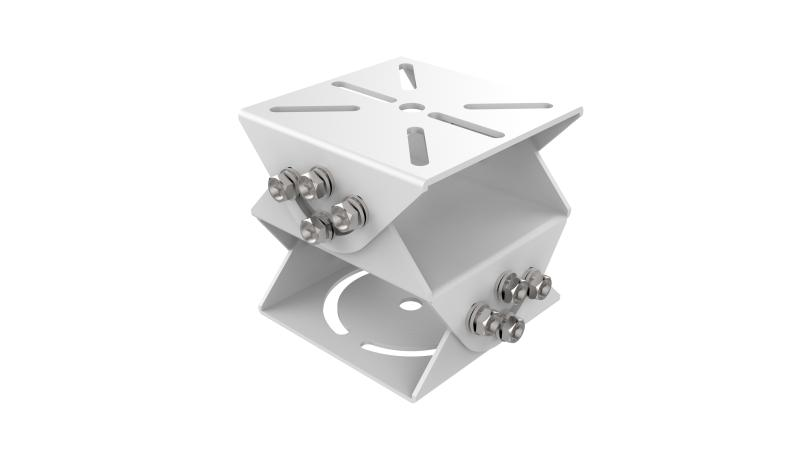 Ein weißer, beidseitig offener Metallverbinder mit vier Sechskantschrauben und -muttern auf jeder Seite, der dazu dient, zwei quadratische oder rechteckige Platten miteinander zu verbinden.