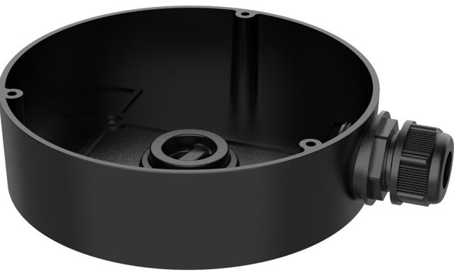 Eine schwarze, runde Montagebox mit mehreren Öffnungen und einer Kabelverschraubung an der Seite.