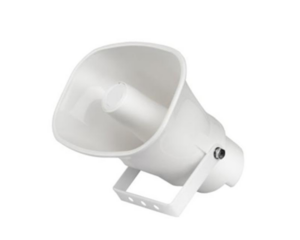 Ein weißer Lautsprecher in Form eines Horns, montiert auf einem verstellbaren Halter.