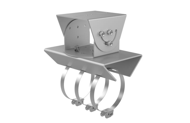 Ein silberner Metallhalter mit drei Befestigungsschellen und einer rechteckigen Plattform, die mit mehreren Schrauben verbunden ist.