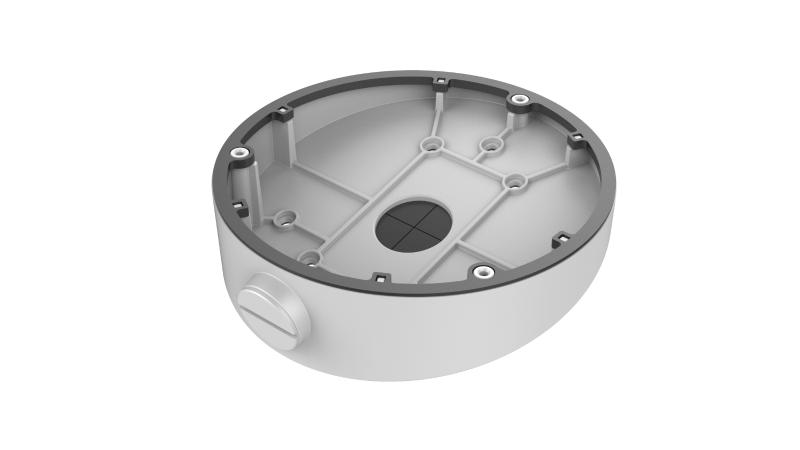 Runde, weiße Kunststoffhalterung mit mehreren Befestigungspunkten und einer zugedeckten Öffnung an der Seite.