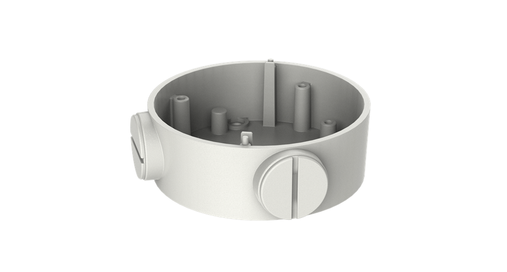 Runde Kunststoff-Dose mit seitlichen Kabelauslässen, typischerweise für Elektroinstallationen, mit mehreren inneren Befestigungspunkten.