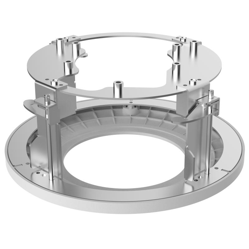 Eine runde, metallische Rahmenkonstruktion aus Edelstahl mit zwei Ebenen, die durch Stützen verbunden sind, sichtbar auf weißem Hintergrund.