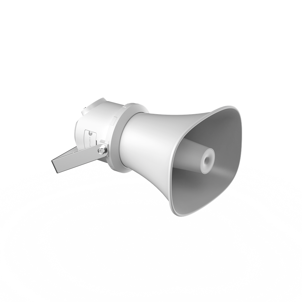 Ein weißer Lautsprecher mit trichterförmigem Design und Montagehalterung, vor einem weißen Hintergrund platziert.