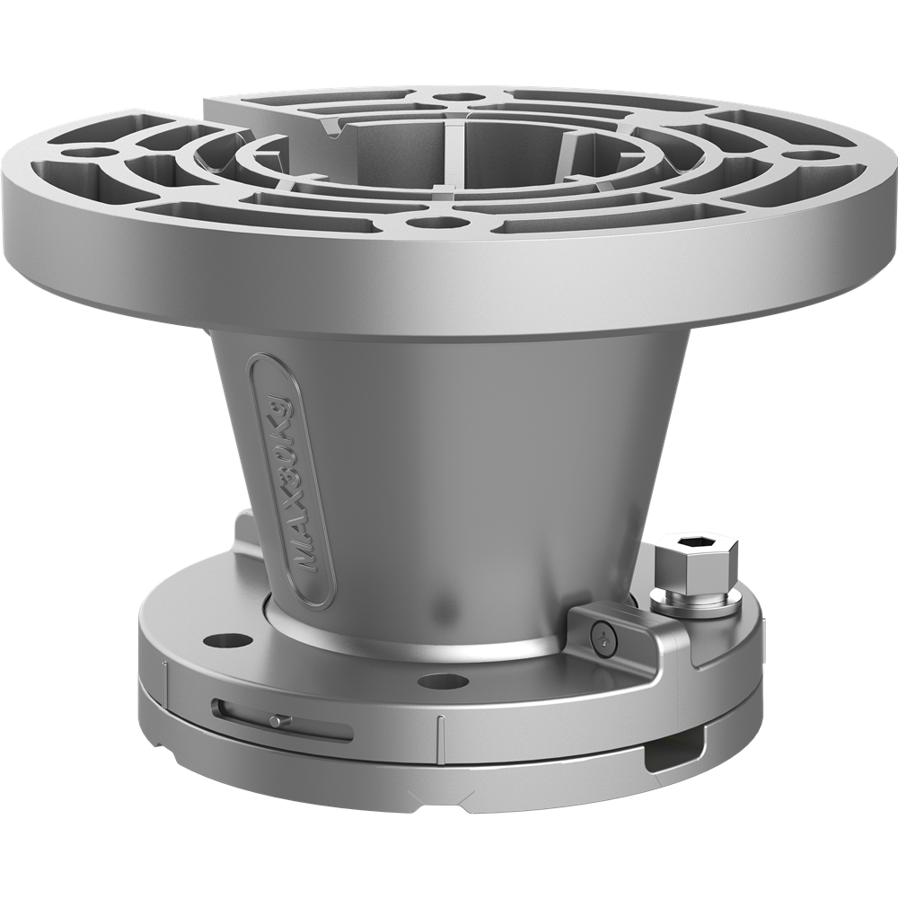 Industriebauteil aus Metall mit runder, flanschähnlicher Basis und mehreren Löchern zur Befestigung, darauf aufbauend eine breite, zylinderförmige Struktur mit Öffnungen und Rillen.