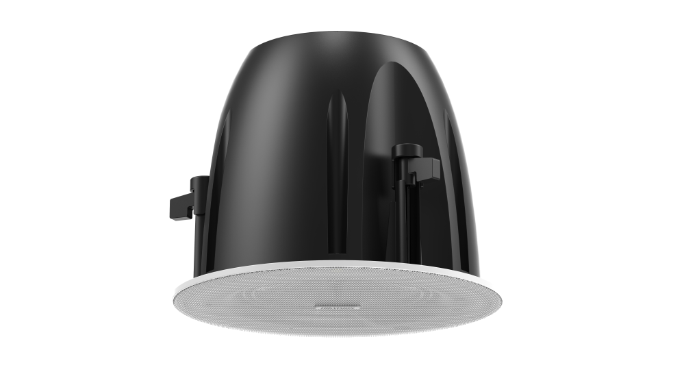 Deckenlautsprecher mit schwarzem Gehäuse und weißem Gitter an der Unterseite.