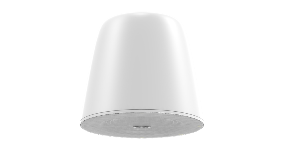 Ein weißer, kuppelförmiger Deckenlautsprecher mit einer glatten, modernen Oberfläche.