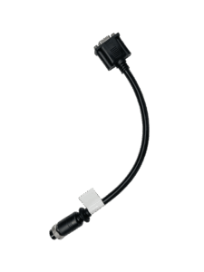 Schwarzes Kabel mit einem VGA-Stecker auf der einen Seite und einem runden Stecker auf der anderen, mit einer weißen Markierung in der Nähe des runden Steckers.