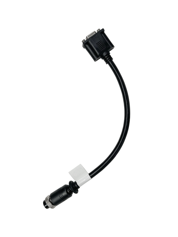 Schwarzes Kabel mit einem VGA-Stecker auf der einen Seite und einem runden Stecker auf der anderen, mit einer weißen Markierung in der Nähe des runden Steckers.