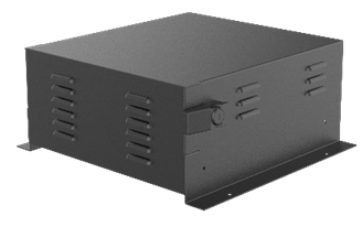 Ein schwarzes, rechteckiges Metallgehäuse mit seitlichen Lüftungsschlitzen.