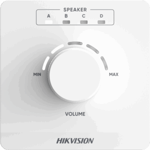 Ein weißer Lautstärkeregler von Hikvision mit einem Drehknopf in der Mitte, Skalen für Minimum und Maximum, und Auswahlmöglichkeiten für Lautsprecher A bis D oben.