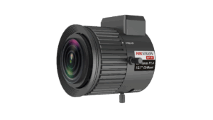 Nahaufnahme eines Hikvision-Objektivs mit 10 mm Brennweite und einer Blende von F1.4, geeignet für CS-Mount-Kameras.