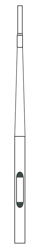 Technische Zeichnung eines zylindrischen Geräts mit einem länglichen Gehäuse und einem schmalen Spitzenende, möglicherweise ein elektronisches Gerät.