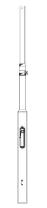 Line drawing of a long, thin device with a small clip in the middle and a rectangular component near the bottom, resembling a stylized telescopic pointer or baton.
