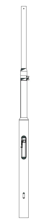 Line drawing of a long, thin device with a small clip in the middle and a rectangular component near the bottom, resembling a stylized telescopic pointer or baton.