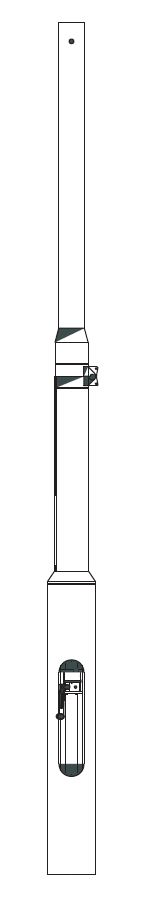 Technische Zeichnung eines länglichen, rechteckigen Metallstücks mit Bohrungen und Aussparungen.