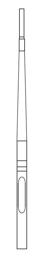 Eine technische Zeichnung einer elektrischen Zahnbürste mit schlankem Griff und ovalem Schalter auf dem unteren Teil des Griffs.
