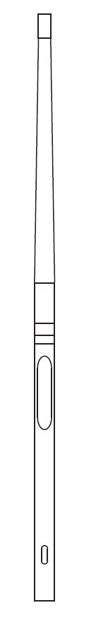 Technische Zeichnung eines elektronischen Geräts, wahrscheinlich ein schlankes, längliches Gerät mit einem rechteckigen Element nahe der Spitze und einer schmalen, länglichen Form.