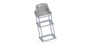 Konstruktion einer geneigten, offenen Struktur mit zwei viereckigen Rahmen aus Metall und einer durchsichtigen, konischen Abdeckung an der Spitze.